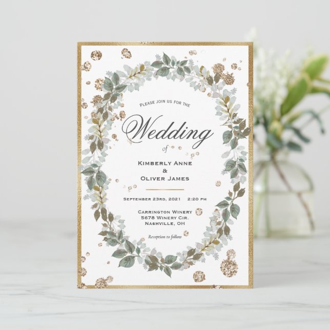 Floral Watercolor Greenery Gold Frame Wedding Invitation (Standing Front)
