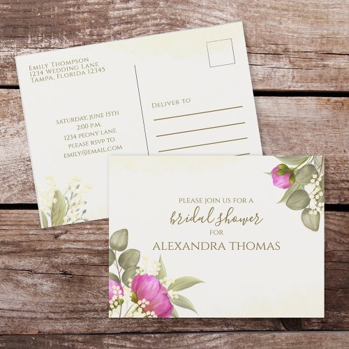 Floral Watercolor Greenery Peony Bridal Shower Postcard