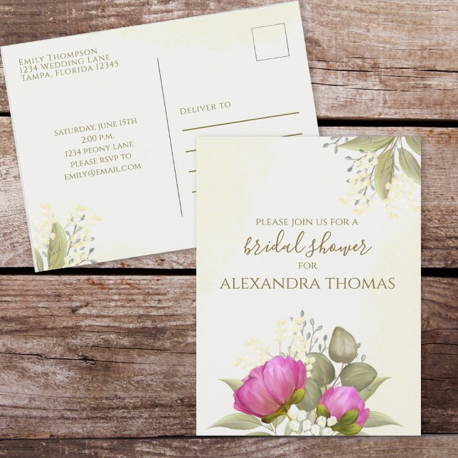 Floral Watercolor Greenery Peony Bridal Shower Postcard (Creator Uploaded)