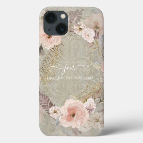 Floral Watercolor Greenery Rustic Gold Glitter iPhone 13 Case
