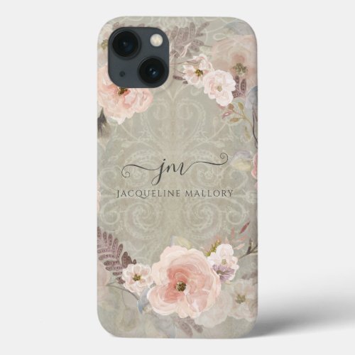 Floral Watercolor Greenery Rustic Gray Wood Script iPhone 13 Case