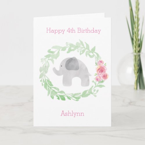 Floral Watercolor Grey Elephant Kids Birthday Card
