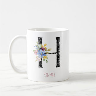 Floral Watercolor H Monogram Name Black Polka Dot Coffee Mug