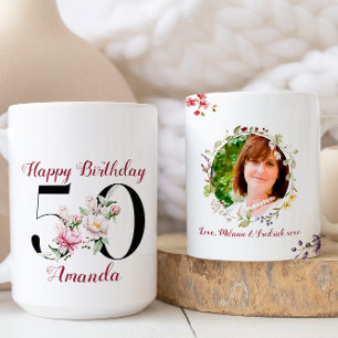 Floral Watercolor Happy 50th Birthday Custom Photo Coffee Mug