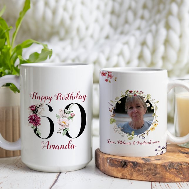 Floral Watercolor Happy 60th Birthday Custom Photo Coffee Mug (Creator Uploaded)