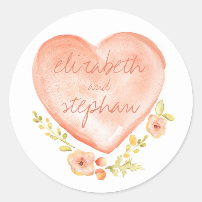 floral watercolor heart wedding classic round sticker (Front)