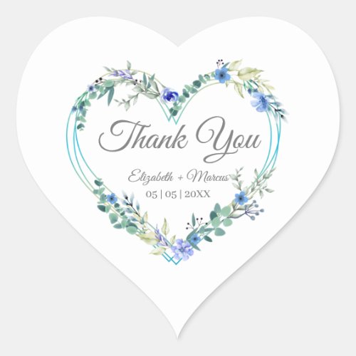 Floral Watercolor Heart with Leaves in Blue Heart Sticker