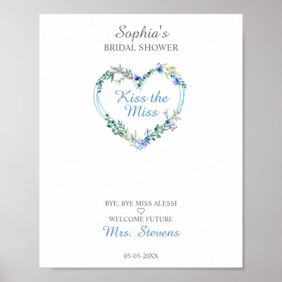 Floral Watercolor Heart with Leaves in Blue Poster