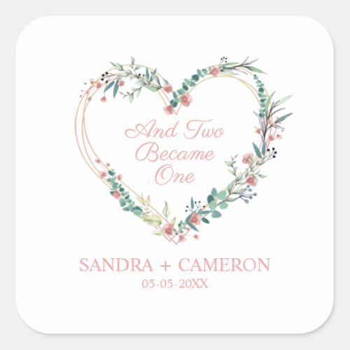 Floral Watercolor Heart with Leaves in Pink Square Sticker