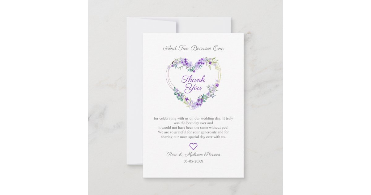 Floral Watercolor Heart with Leaves in Purple Thank You Card | Zazzle