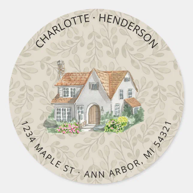 Floral Watercolor House Return Address Classic Round Sticker | Zazzle