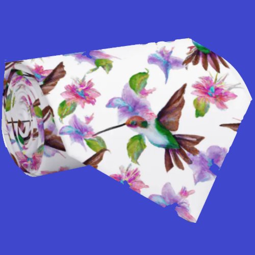 Floral Watercolor Hummingbird Flowers Neck Tie