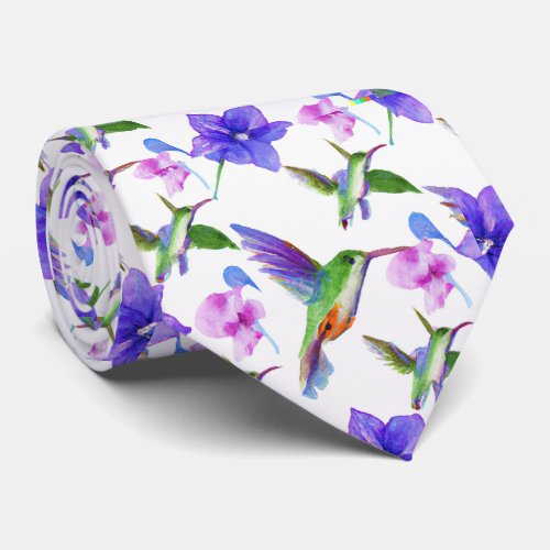 Floral Watercolor Hummingbird Flowers Neck Tie