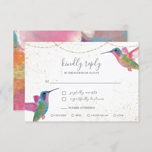 Floral Watercolor Hummingbirds Colorful Gold RSVP