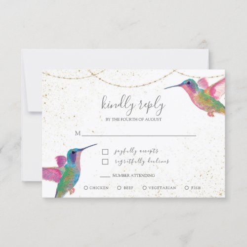 Floral Watercolor Hummingbirds Gold RSVP Card