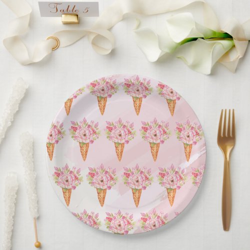 Floral Watercolor Ice Cream Bridal Shower Paper Plates