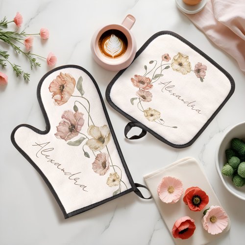Floral Watercolor Icelandic Poppies Personalized Oven Mitt  Pot Holder Set