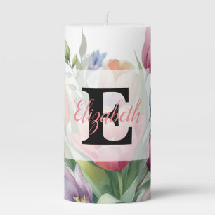 Floral watercolor in soft pastel colors  pillar ca candle