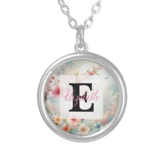 Floral watercolor in soft pastel colors silver plated necklace