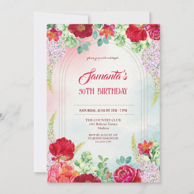Floral Watercolor Invitation 50th Birthday (Front)