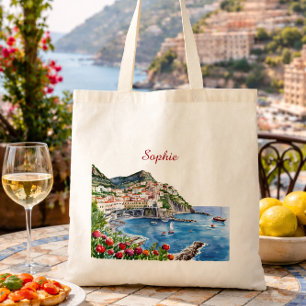 Floral Watercolor Italian Amalfi Coast Name Tote Bag