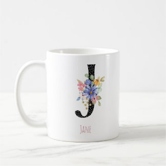 Floral Watercolor J Monogram Name Black Polka Dot Coffee Mug