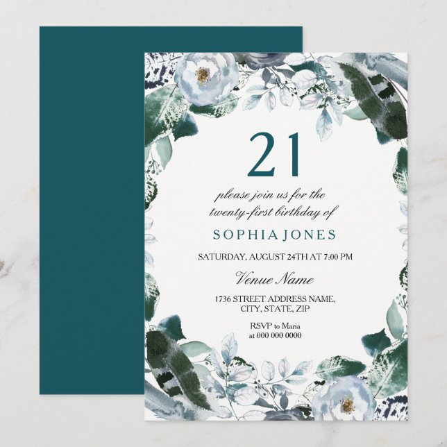 Floral Watercolor Jade Green 21st Birthday Invite (Front/Back)