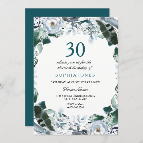 Floral Watercolor Jade Green 30th Birthday Invite