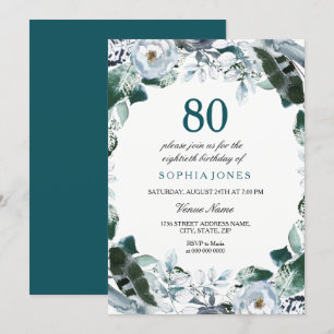 Floral Watercolor Jade Green 80th Birthday Invite