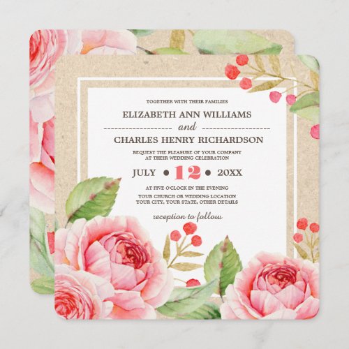 Floral Watercolor Kraft Paper Wedding Invitations