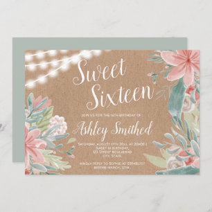 Floral watercolor Kraft string lights Sweet 16 Invitation