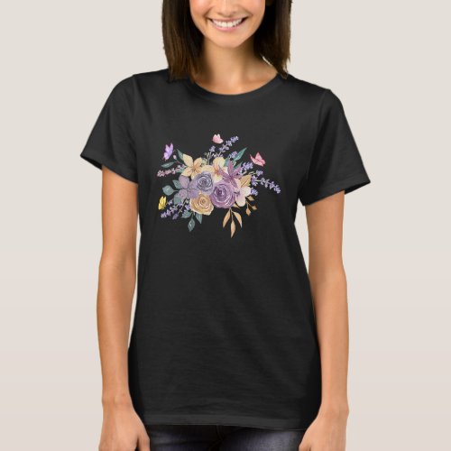 Floral Watercolor Lavender Bouquet Butterfly T_Shirt