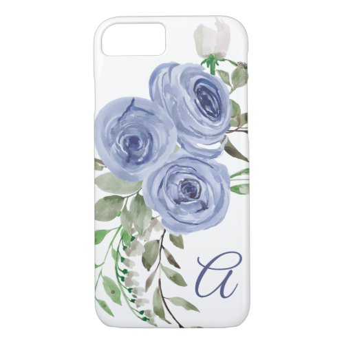 Floral Watercolor Light Navy Blue Monogram Script iPhone 87 Case