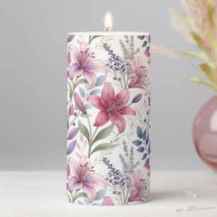 Floral Watercolor Lilies Pink purple Pillar Candle