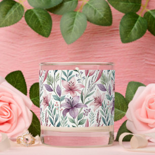 Floral Watercolor Lilies Pink Violet Scented Candle