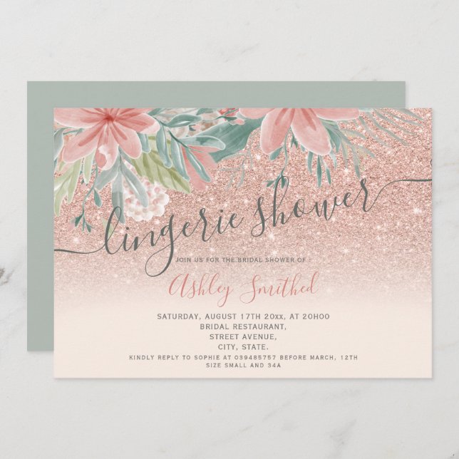 Floral watercolor lingerie glitter bridal shower invitation (Front/Back)