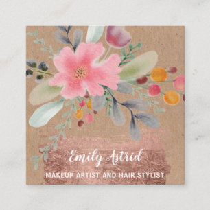 Floral watercolor makeup hair kraft rose gold square business card