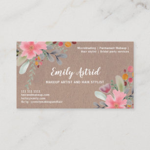 Floral watercolor makeup hair kraft typography business card