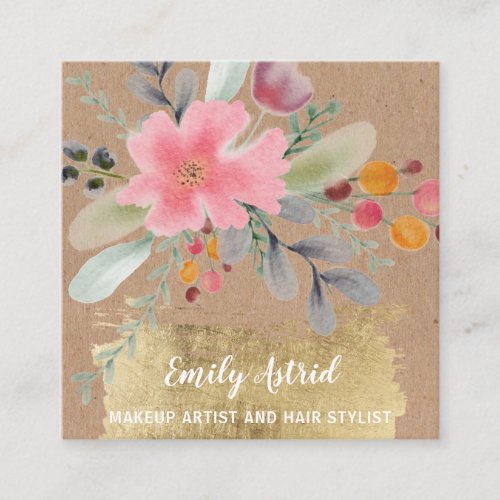 Floral watercolor makeup hair script gold kraft square business card