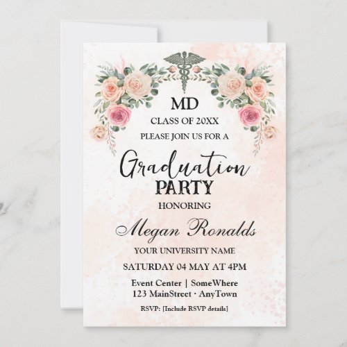 Floral Watercolor MD Medical School Graduation  Invitation