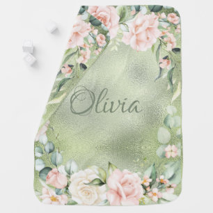 Floral Watercolor Metallic Name Baby Girl Blanket