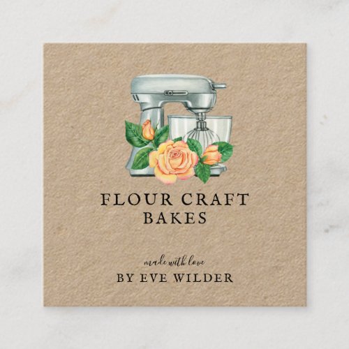 Floral Watercolor Mixer Baker Bakery Kraft Square Business Card