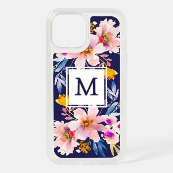Floral Watercolor Monogram Navy Iphone 15 Case by girlygirlgraphics at Zazzle