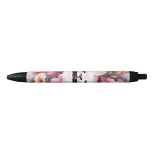Floral watercolor monogram pink blue azaleas pen
