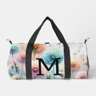 Floral watercolor monogram pink blue dandelions duffle bag