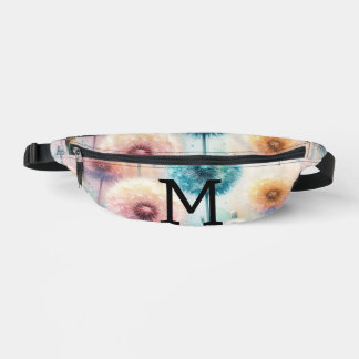Floral watercolor monogram pink blue dandelions fanny pack