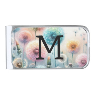 Floral watercolor monogram pink blue dandelions silver finish money clip