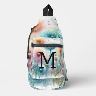 Floral watercolor monogram pink blue dandelions sling bag