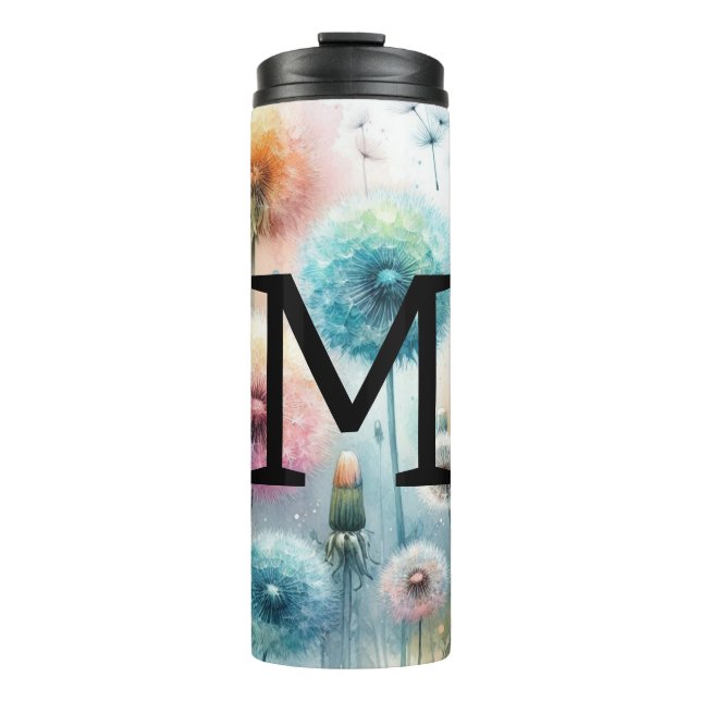 Floral watercolor monogram pink blue dandelions  thermal tumbler (Front)
