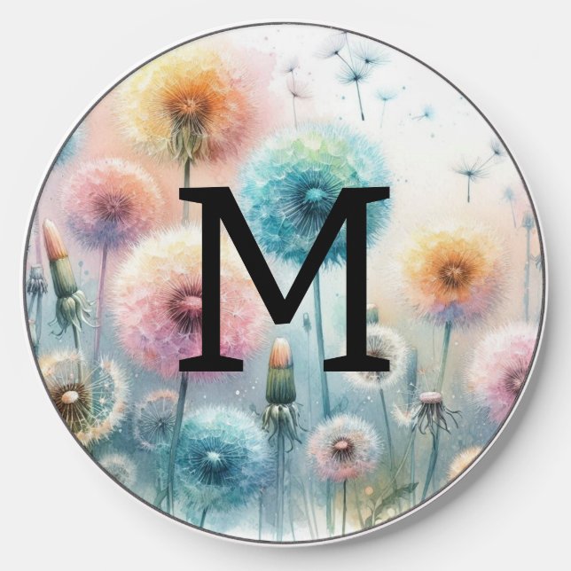 Floral watercolor monogram pink blue dandelions  wireless charger  (Front)